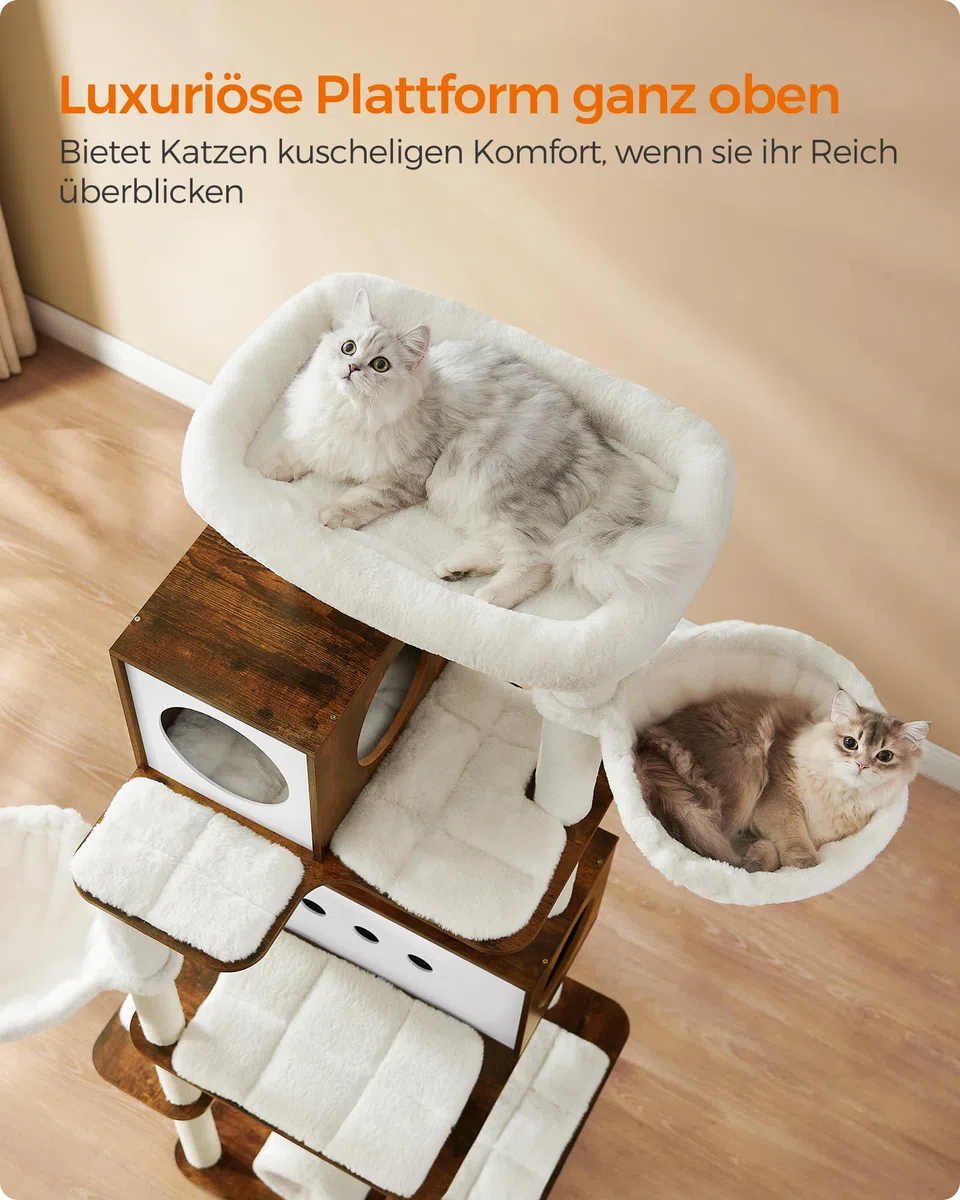 Feandrea Kratzbaum groß, 192 cm hoch, Katzenbaum XXL, modern, mehrstöckiges Katzenhaus mit 2 Höhlen, 2 Liegemulden, 4 Kratzstämmen, Katzenbürste, Tunnel, Plattformen, vintagebraun PCT193X01