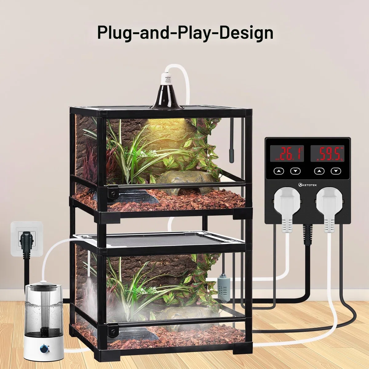 KETOTEK Thermostat Hygrostat Steckdose Digital, Temperaturregler Feuchtigkeitregler Steckdose mit 2 Fühler 230V, Temperatur Feuchtigkeit Regler für Gewächshaus Pilz Terrarium