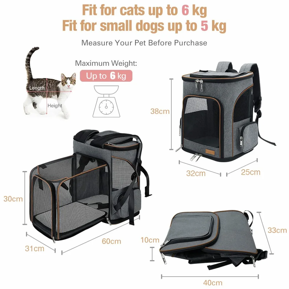 Lekesky Erweiterbar Katzenrucksack Hunderucksack für Katzen und Kleine Hunde, Faltbare Haustier Rucksack mit Innerer Sicherheitsleine und 2 Haustiermatte, Grau, M