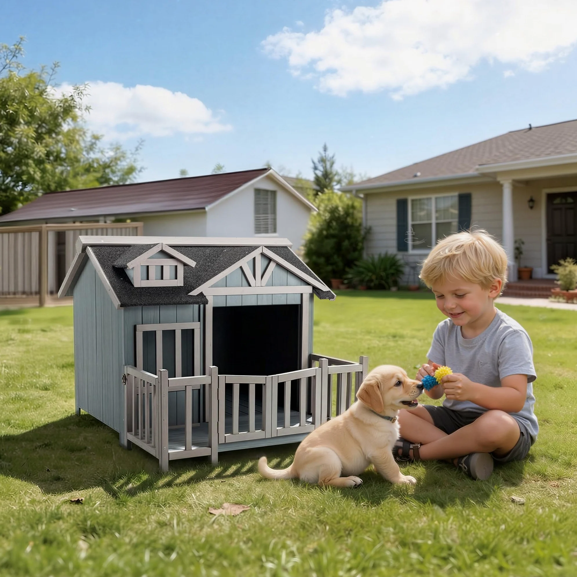 Wiltec Luxus XL Hundehütte 93,5 x 77,5 x 70 cm, grau weiß, Hundehaus aus Holz mit Veranda, Hundehöhle Outdoor für Balkon Garten Terrasse