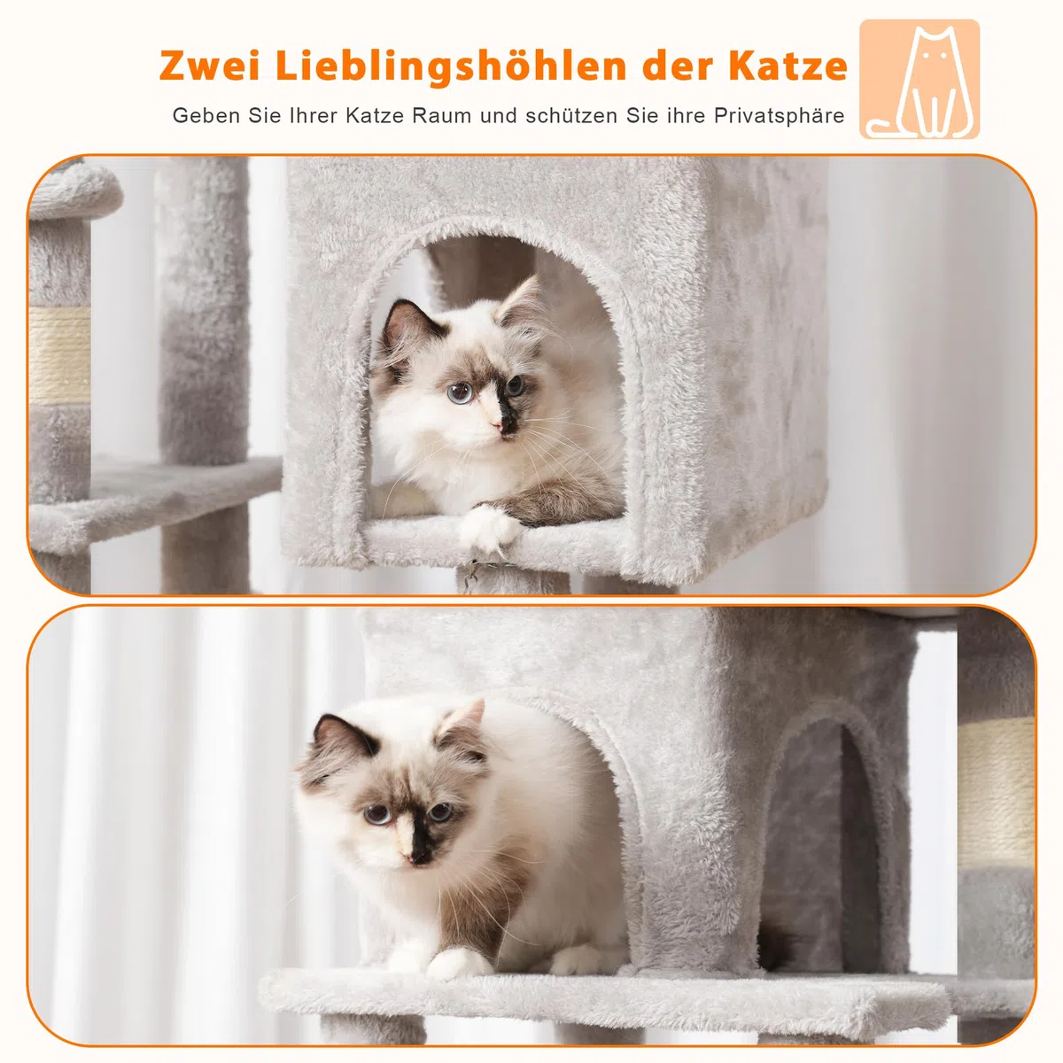 Heybly Kratzbaum, 145 cm Hoher Mehrstöckiger Kratzstamm-Kletterturm, Mit 2 Großen Plattformen, 2 Großer Katzennestern, Katzenkorb, Hängematte, Ballspielzeug, Hellgrau HCT016W