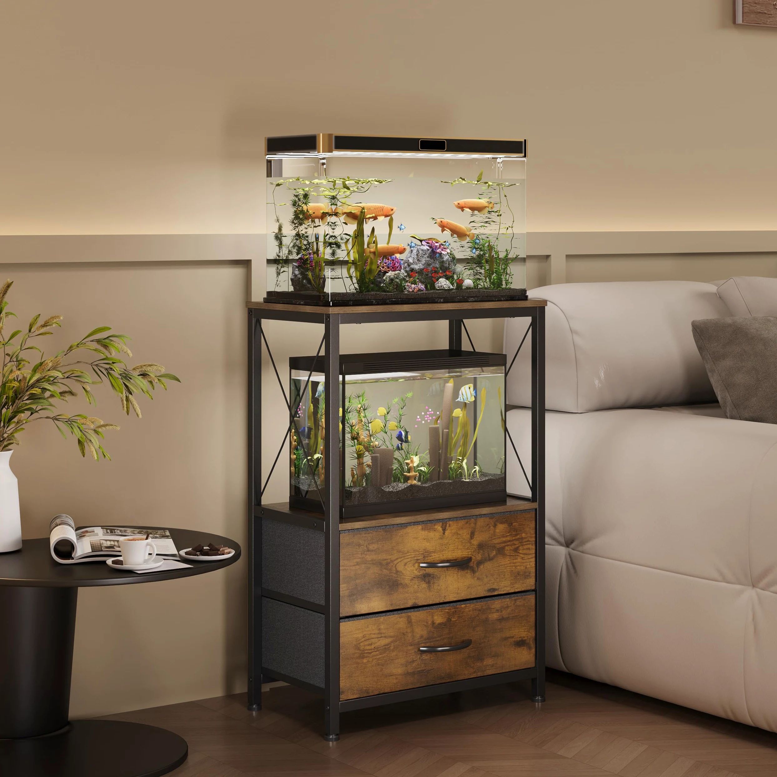 Aquariumständer, 38 L Aquarium-Ständer mit 2 Schubladen, Aquariumregal für 40 L Fisch, Schildkröten & Reptilienbecken, 2-stöckiger Aquarium Tisch, Rustikal Braun