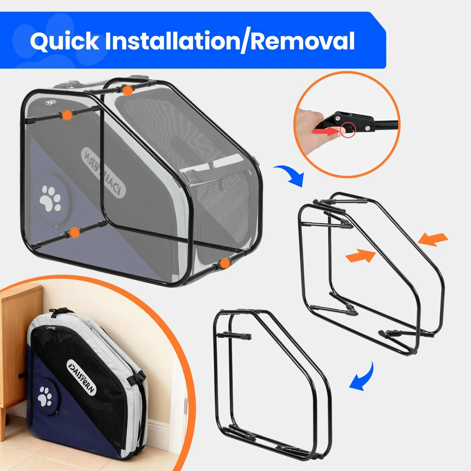 Faltbare Hunde Transportbox für Auto & Reisen, Tragbare Softbox für kleine & mittelgroße Hunde, 1-Minuten-Schnellfold, Robustes Metallgestell, Atmungsaktive Netzfenster & Komfortzugang, Blau
