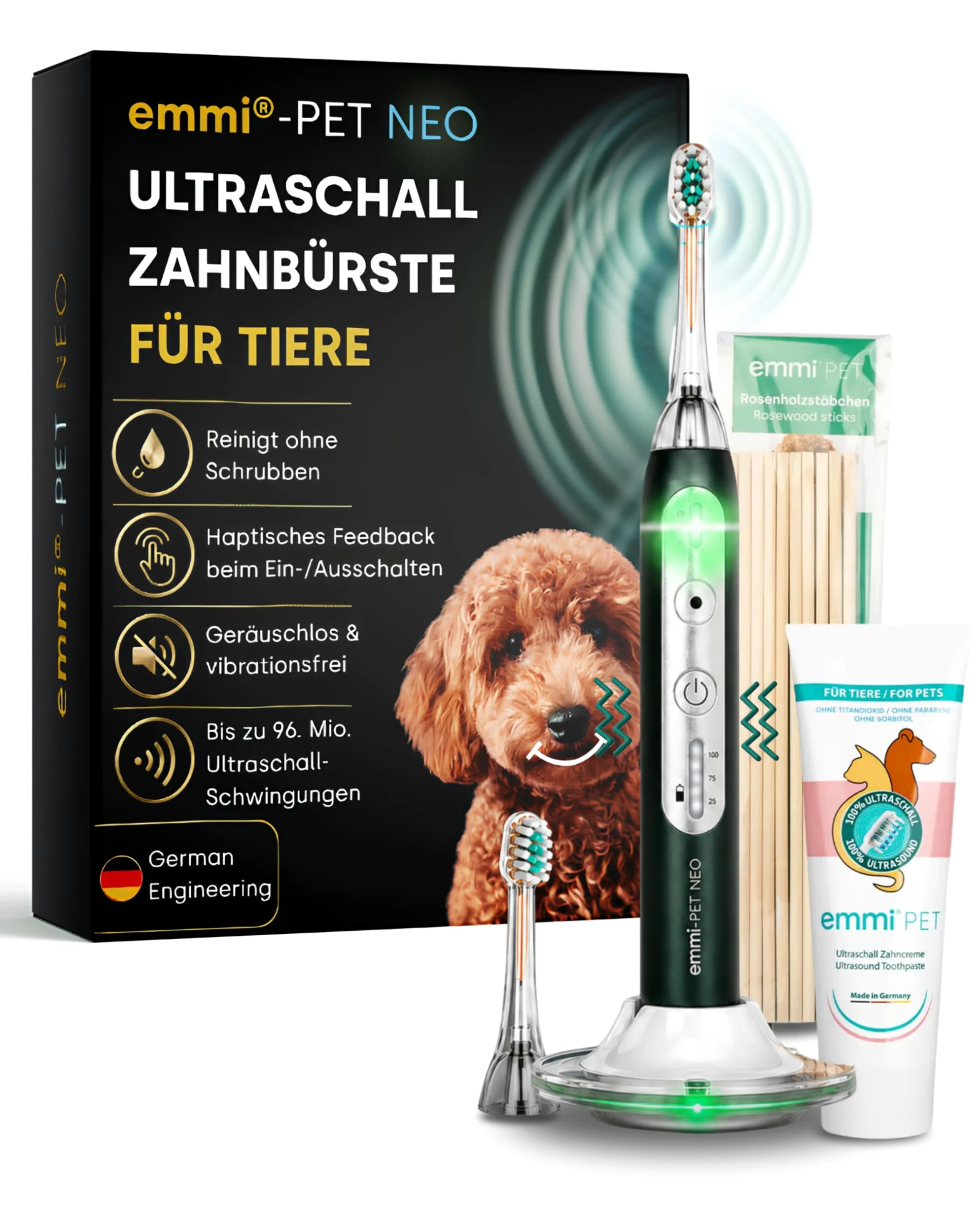emmi-PET NEO Ultraschall-Zahnbürste für Hunde I Geräuschlose Hundezahnbürste mit 3 Reinigungsmodi zur Unterstützung bei Plaque & Maulgeruch I Zahnpflege ohne Schrubben I 14 Tage Akkulaufzeit