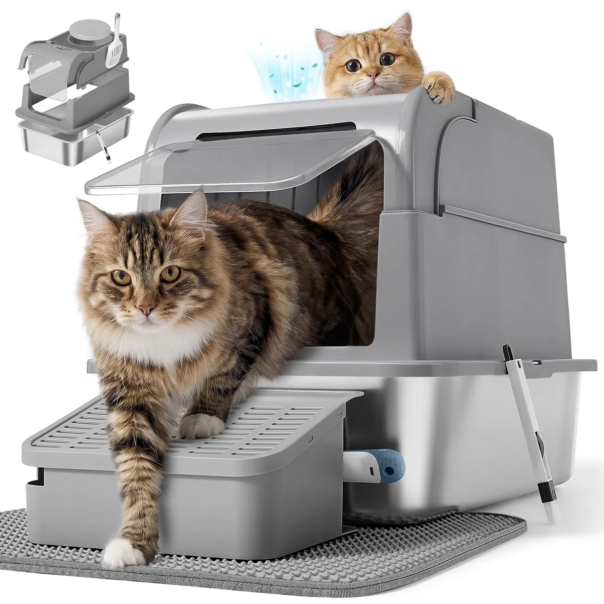 Feandrea Katzenklo Edelstahl, Katzentoilette mit Deckel, geschlossen, 2 Eingänge, inklusive Schaufel und Bürste, für Katzen bis 15 kg, taubengrau PPT021G201