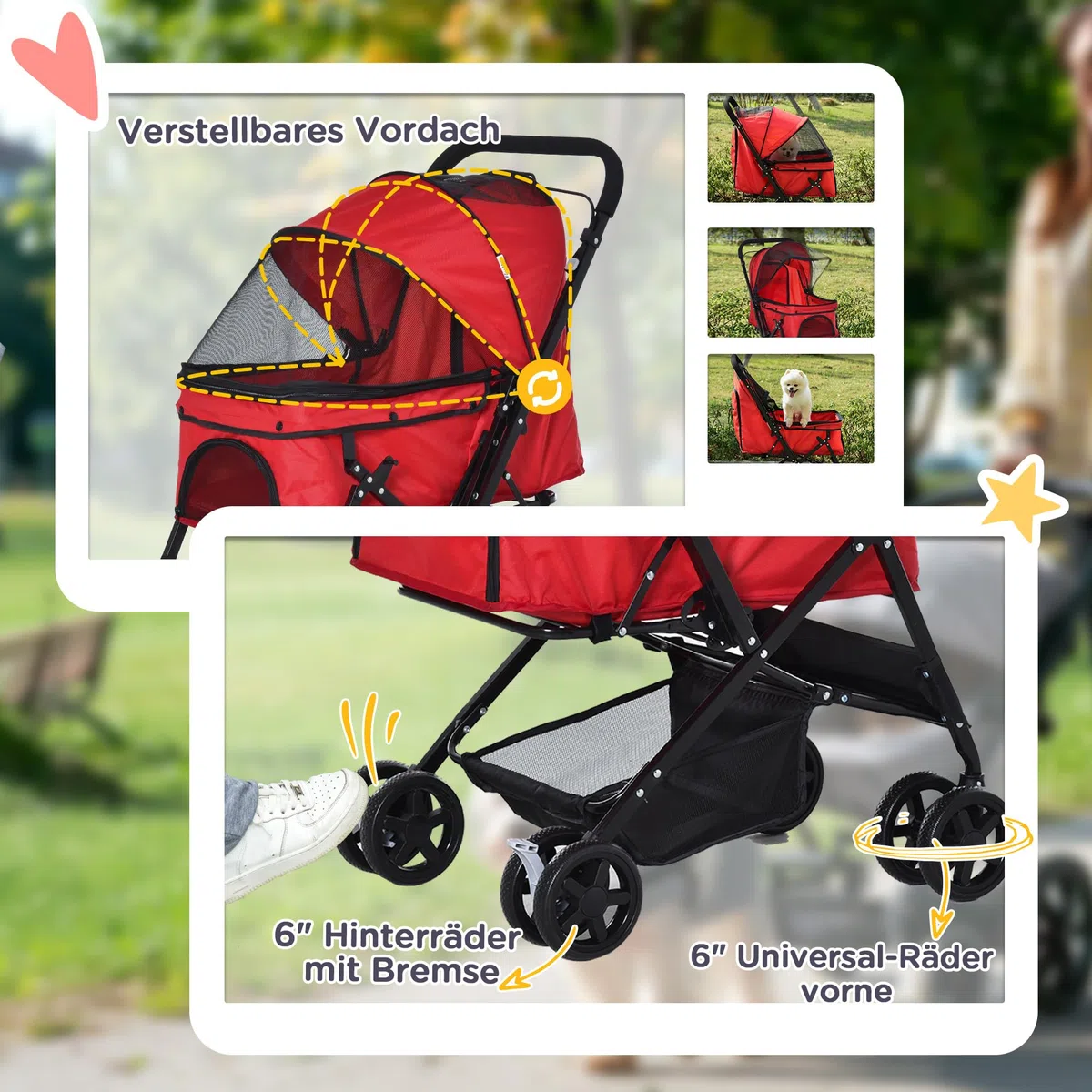 PawHut Hundebuggy Hundewagen Buggy für kleine Hunde und Katzen Haustierwagen Pet Stroller Katzenbuggy Oxford Rot 76,5 x 52 x 95 cm