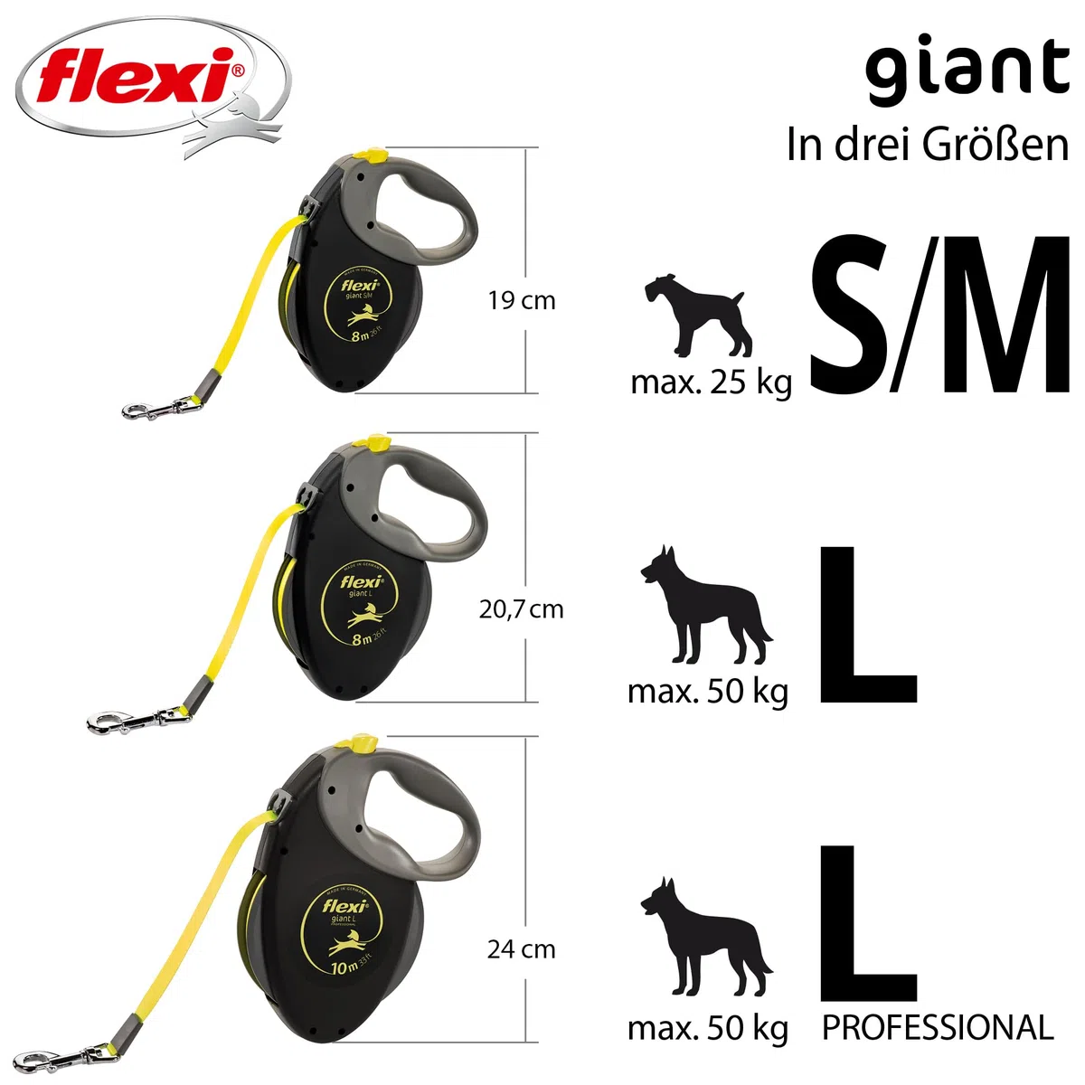 flexi® Giant Professional L | 10m Gurt Roll-Leine für Hunde bis 50 kg | schwarz/neon-gelb | ausziehbare Hundeleine | Gewicht 861.1 gr | Maße 18 x 24 cm
