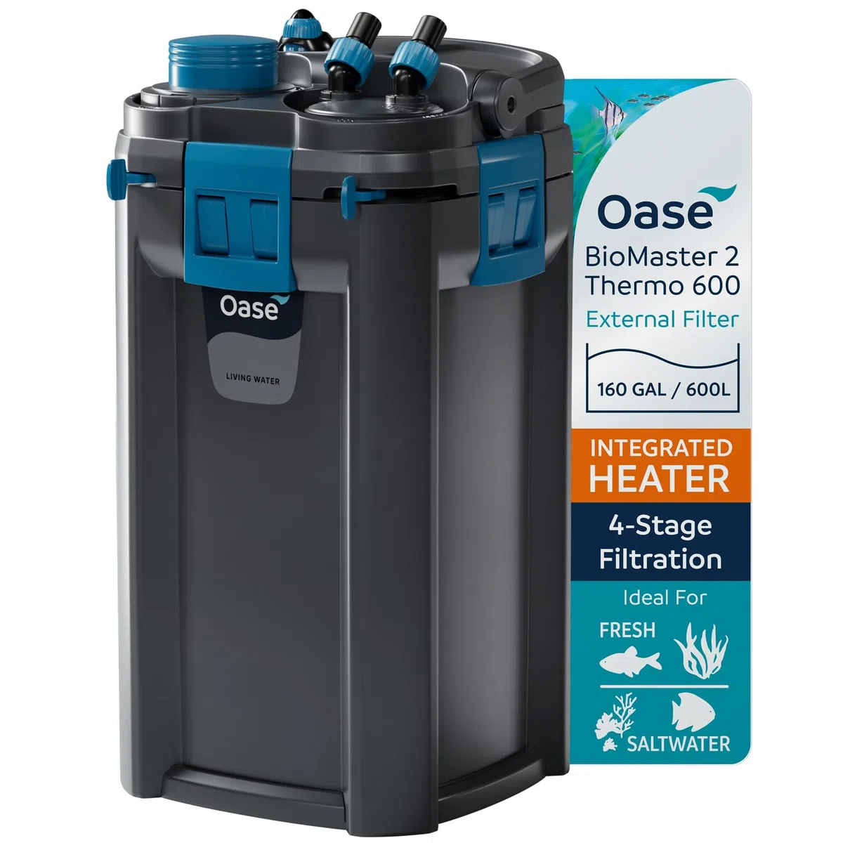 OASE BioMaster 2 Thermo 600 Kanister Filter für Aquarien - Externer Aquarienfilter mit eingebauter Heizung - EasyClean Vorfilter, leiser Betrieb - Süß- & Salzwasser, bis zu 160 Gallonen