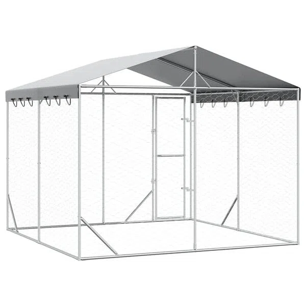 Hommdiy Hundezwinger Outdoor Große mit Dach,Hundekäfig Hundehaus für große Hunde, Hundehütte Silbern 3x3x2,5m Verzinkter Stahl