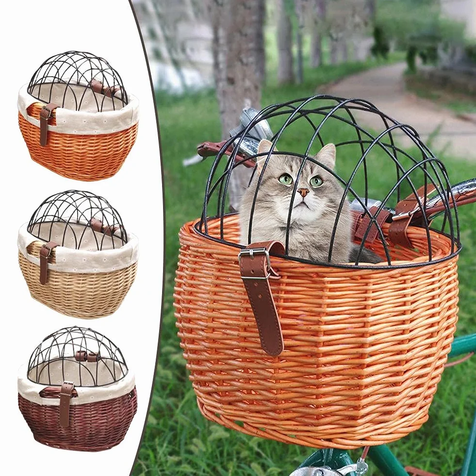 KKPLZZ Weidenkorb Fahrrad, kleine Hunde Katzen Haustierträger Fahrradkorb mit Metallgitterabdeckung