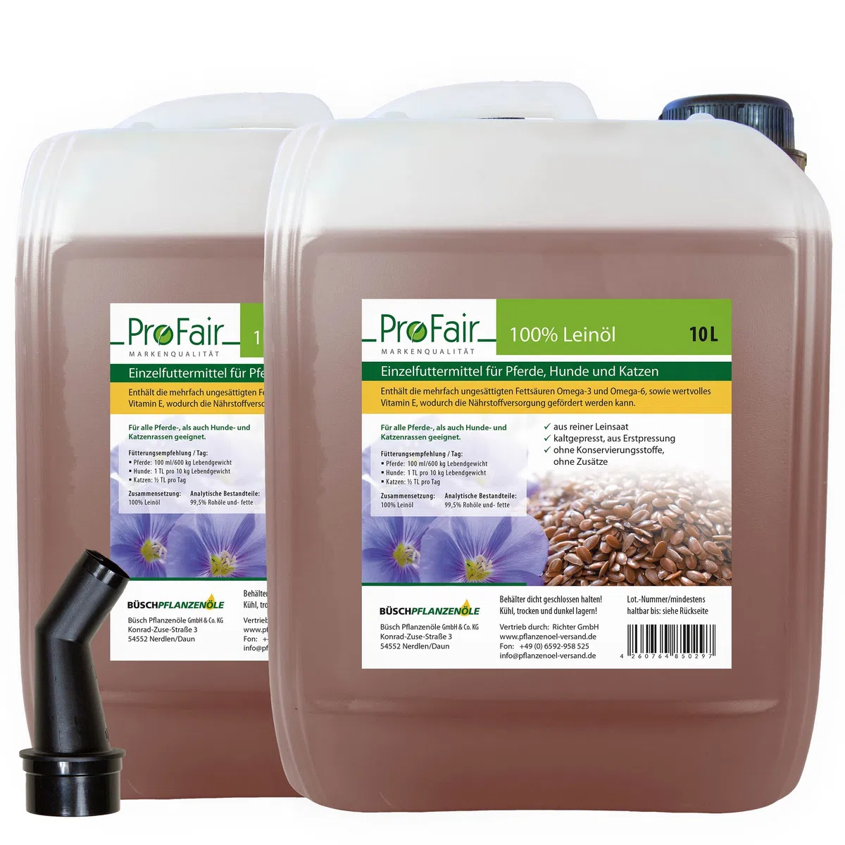 20 Liter ProFair Leinöl (2 x 10L Liter) kaltgepresst, 100% aus Reiner Leinsaat, ohne Zusätze, Einzelfuttermittel für Pferd, Hund und Katze
