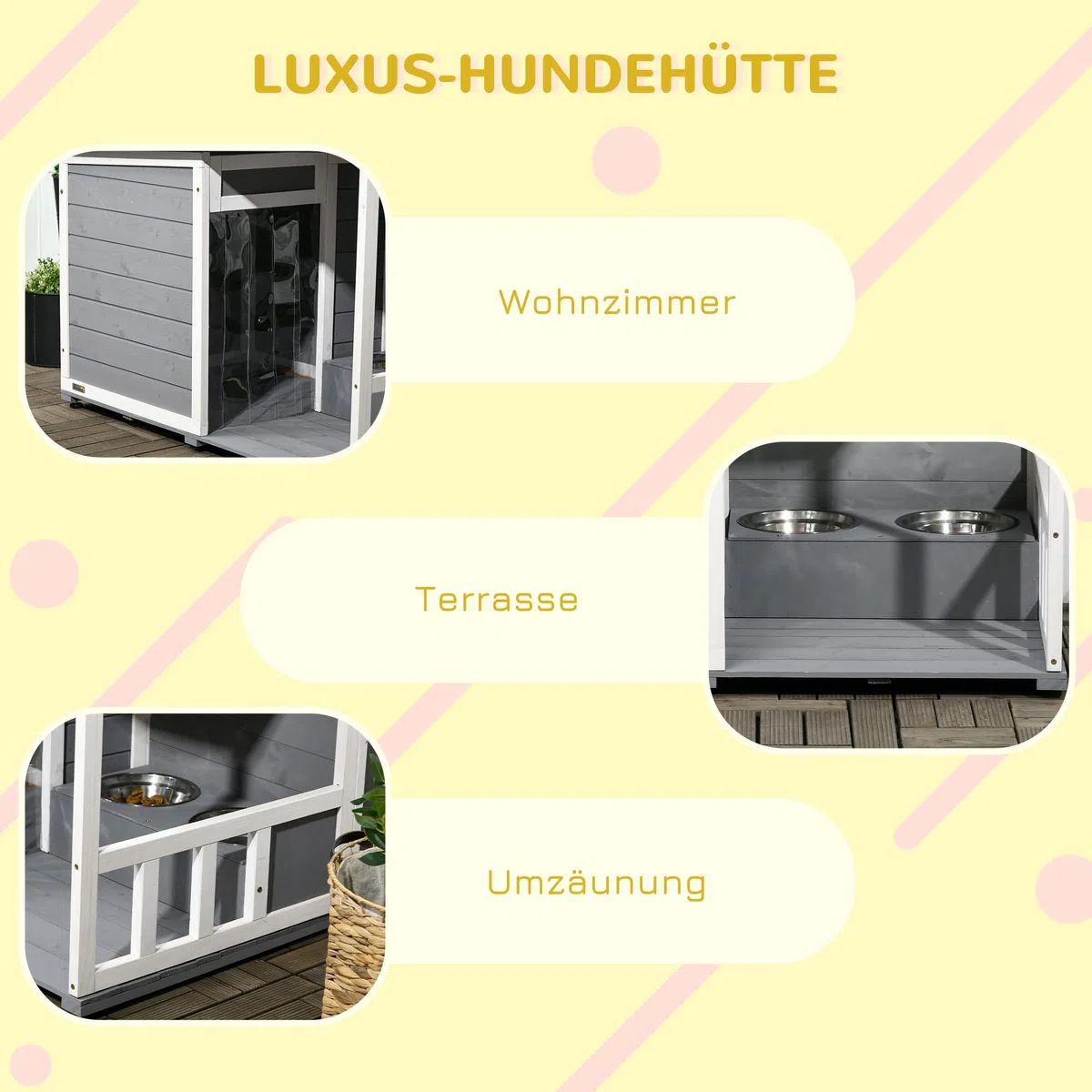 PawHut Hundehütte aus Holz, Hundehaus mit 2 Schüsseln, Terrasse, Outdoor Hundehaus Kleintierhaus für kleine Hunde mit Asphaltdach, für Draußen, Wetterbeständig, Grau, 103 x 62 x 60-66 cm