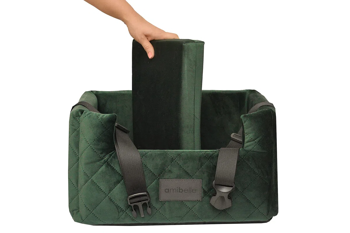 Exclusive Hunde Autositz | Autositz für Hunde, Katzen, Haustier | Rückbank, Beifahrersitz | Hundebett, Hundetasche | Wildlederimitat, Velvet | Farbe: Grün | Große: L (57x50 cm)