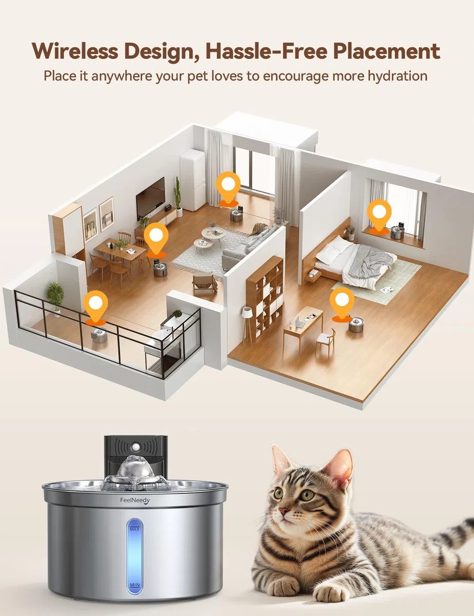 Katzenbrunnen Edelstahl Kabellos mit Sensor für Katzen und Hunde 3,5L|FEELNEEDY [FN-W19] Wasser-und Batterietrennung Trinkbrunnen mit Akku 4000mAh, 3 Betriebsmodi, 1 Aktivkohlefilter