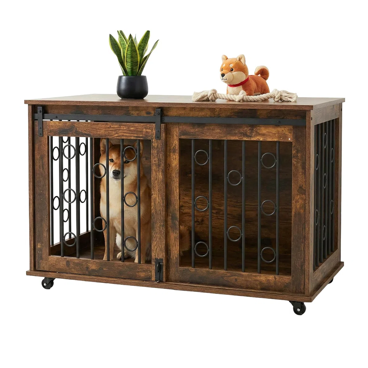 Relaxdays Hundekäfig Möbel, Hundegitterbox mit Ablage & Rollen, 2 Türen, HBT: 64x100x59 cm, Hundeschrank, braun/schwarz