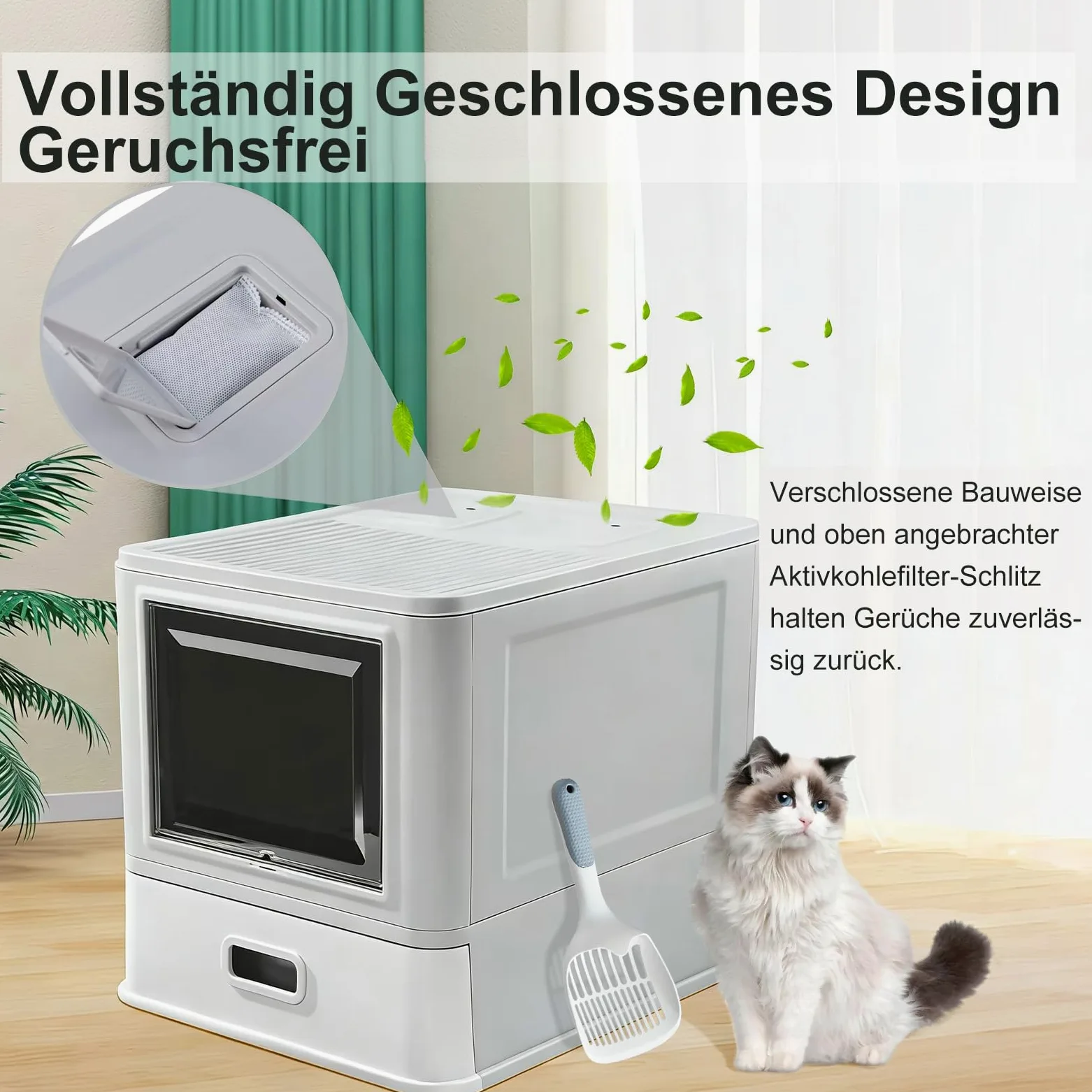 Marchul Katzentoilette, Geschlossene Katzentoilette aus Edelstahl mit Deckel und Schublade, für Wohnungskatzen, Lamellen Gegen Auslaufen, mit Schaufel und Matte, Geruchsfrei, Mit verbesserter Basis