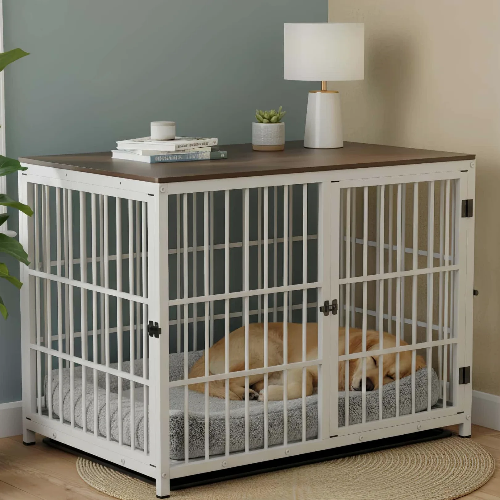 BingoPaw Hundekäfig Möbel XL Hundebox für Zuhause, Modern Hundehütte Indoor mit 3 Türen und abnehmbarem Tablett, Multifunktional Hundeschrank Beistelltisch TV Schrank Tierkäfig, 107x71x81 cm Weiß