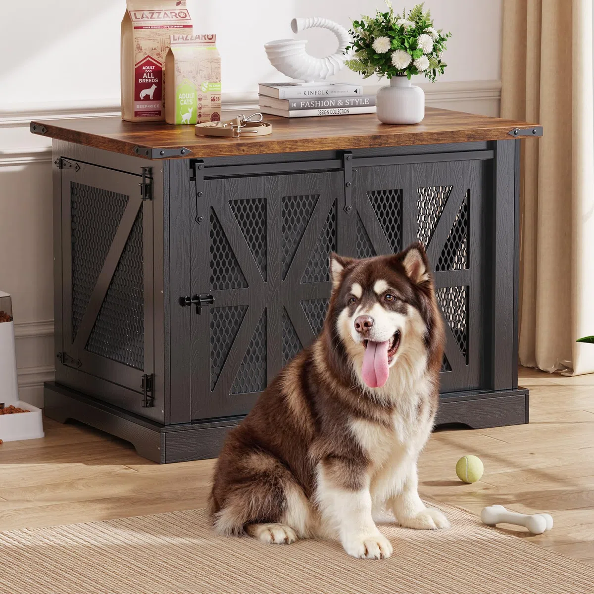 Hundekäfig Möbel, 100 cm Holzhundebox, Dreitüriger Hundekäfig, Schiebetüren, Modernes Hundezimmer für den Innenbereich, für Kleine und Mittelgroße Hunde, Verstärkte Konstruktion, 100x65x67cm, Schwarz