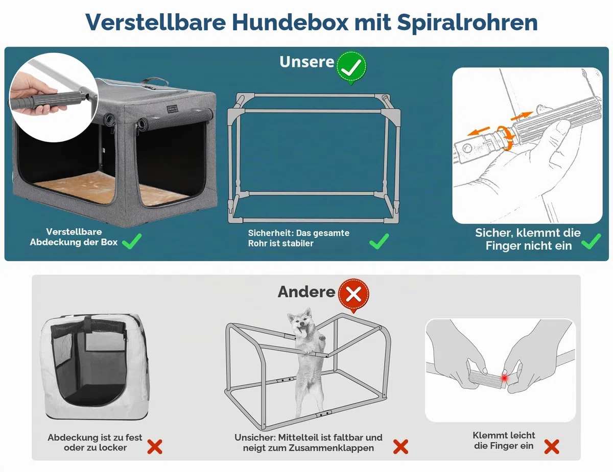 Petsfit Hundebox für Zuhause, Hundebox faltbar für mittlere kleine Hunde, Hundetransportbox Auto Verstellbares Design Hundeschlafbox, Zimmerkennel Hund mit Reißfeste Netzfenster & plüsche Betteinlage