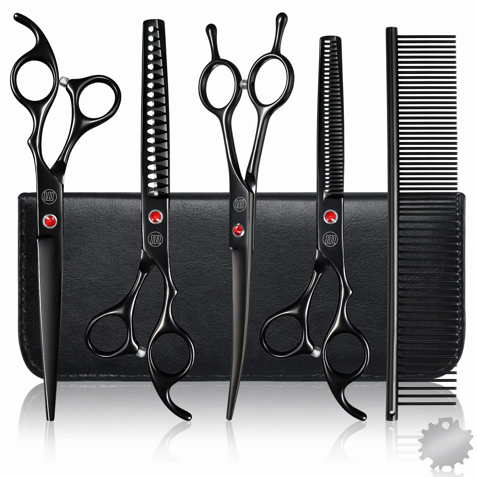 Moontay 7 Zoll Fellschere Hundeschere professionelles Hundepflege-Scherenset Hundeschere Tierpflege-Schere mit Gebogene/Gerade/Chunker/Ausdünnungsschere Schwarz