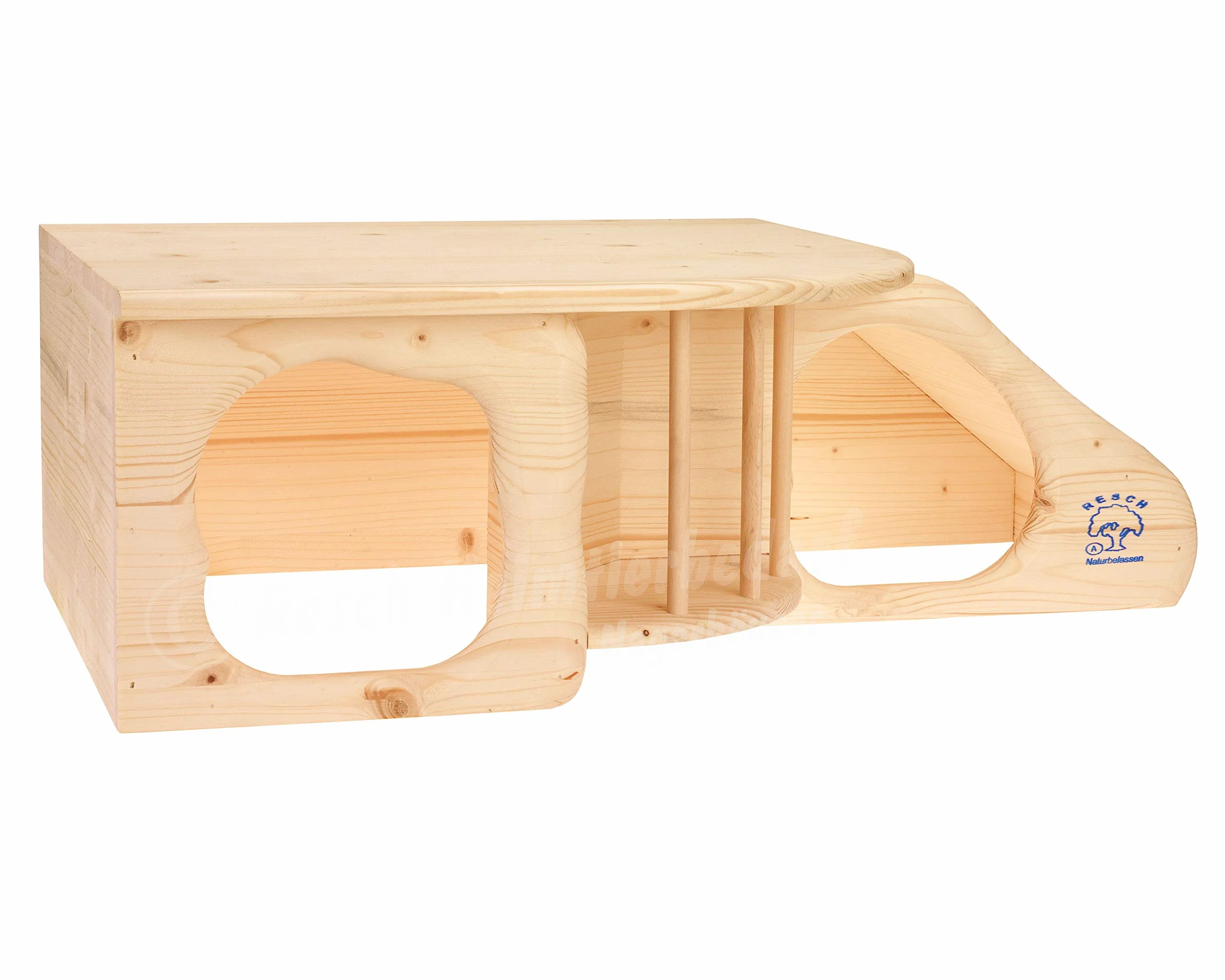 Resch Nr11 Nagerhöhle XL naturbelassenes Massivholz aus Fichte/mit Treppe zur Liegeterasse, integrierter Heuraufe, großen Eingängen und gerundeten Ecken / 60 x 19,7 x 37cm