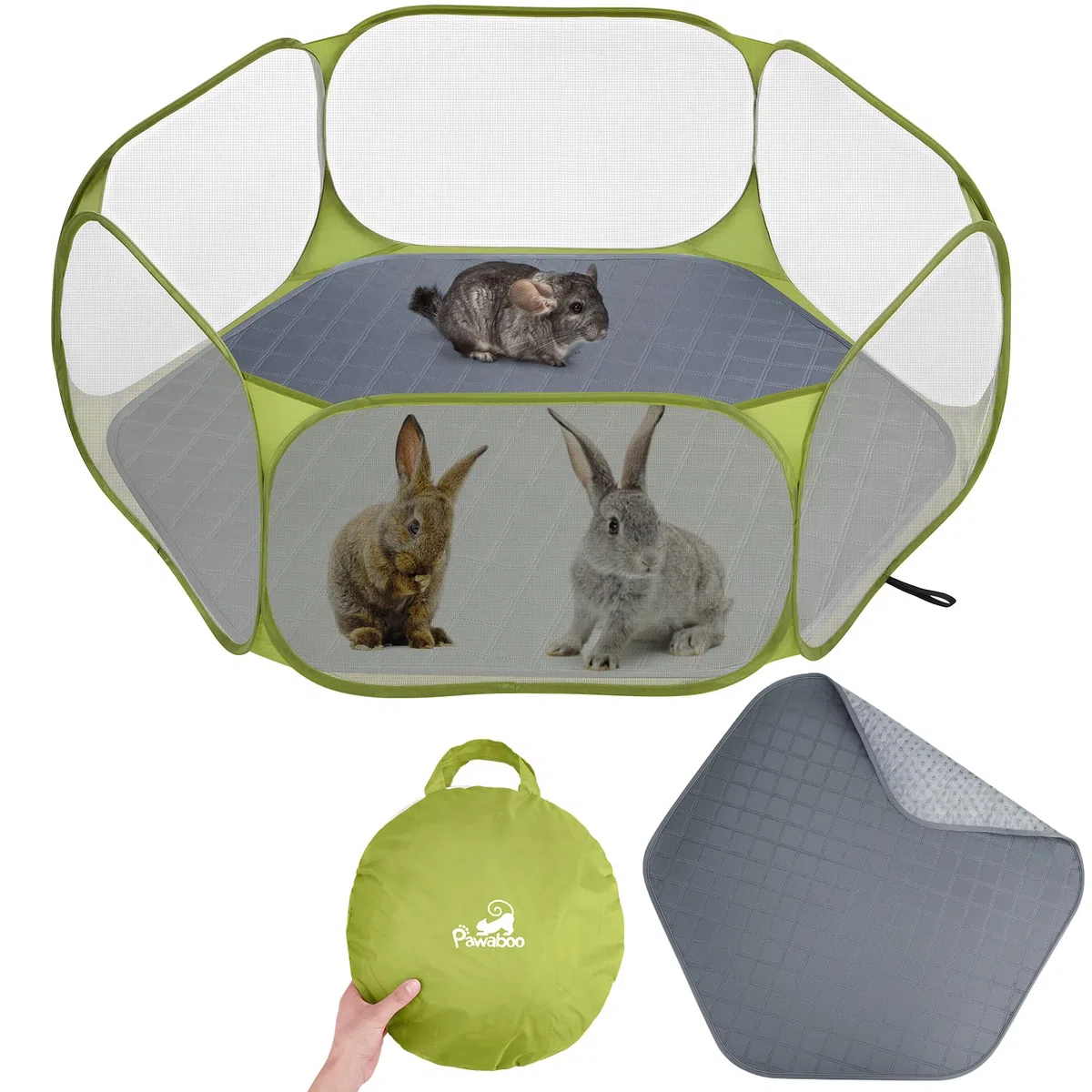 Pawaboo Kleintier-Laufstall mit Kissen, Wasserdichtes Kleintierkäfig-Zelt mit Wiederverwendbarem Kissen, Tragbarer Gartenzaun für Küken/Kätzchen/Welpen/Riesenschwein/Kaninchen/Chinchillas, Grün + Grau