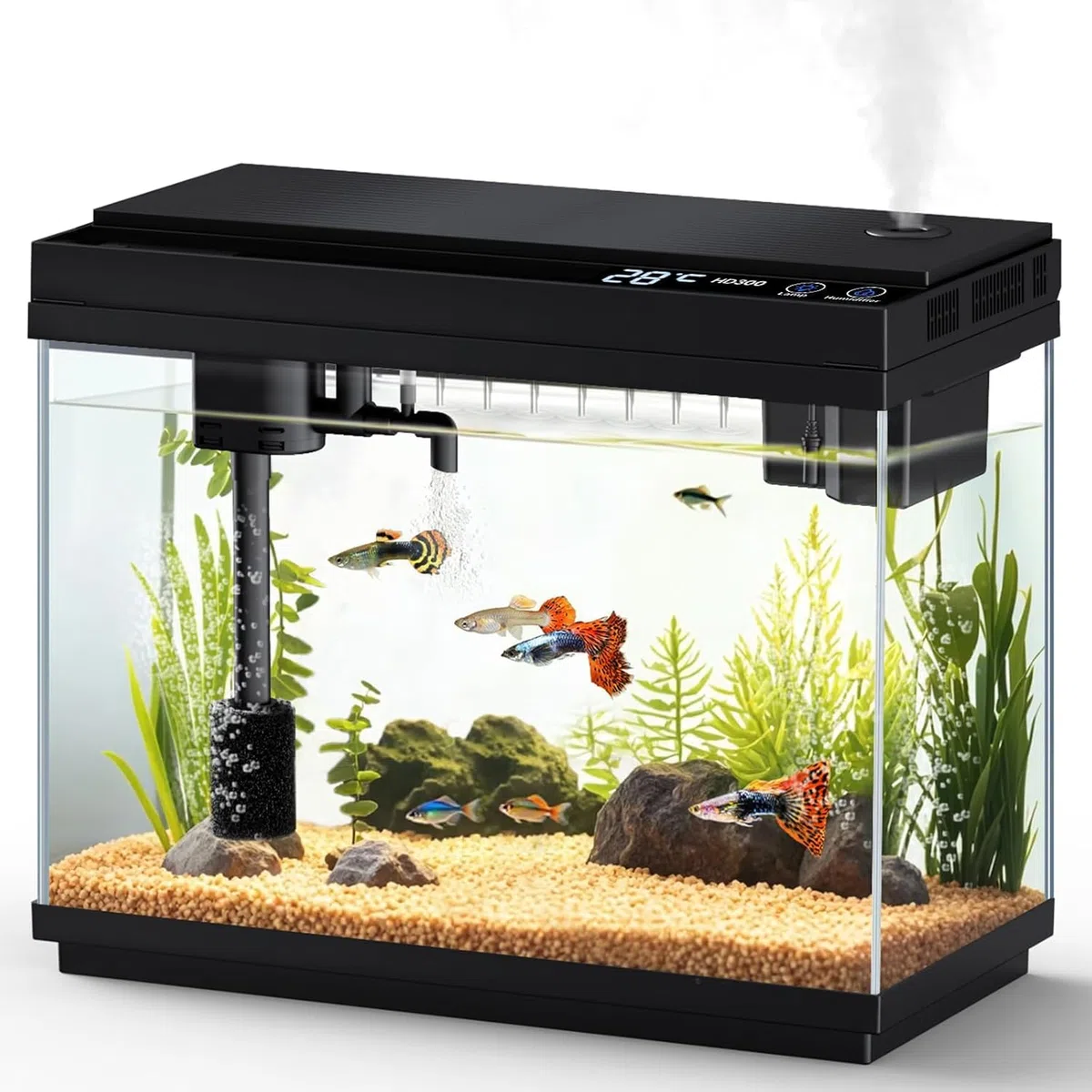 fishkeeper Nano Aquarium Komplettset, Mini Aquarium Starterset mit LED, 4-in-1 selbstreinigende Pumpe & Filter, Smart-Aquarien Klein aquarien Set komplett mit Aromatherapie, Temperaturanzeig, Timer