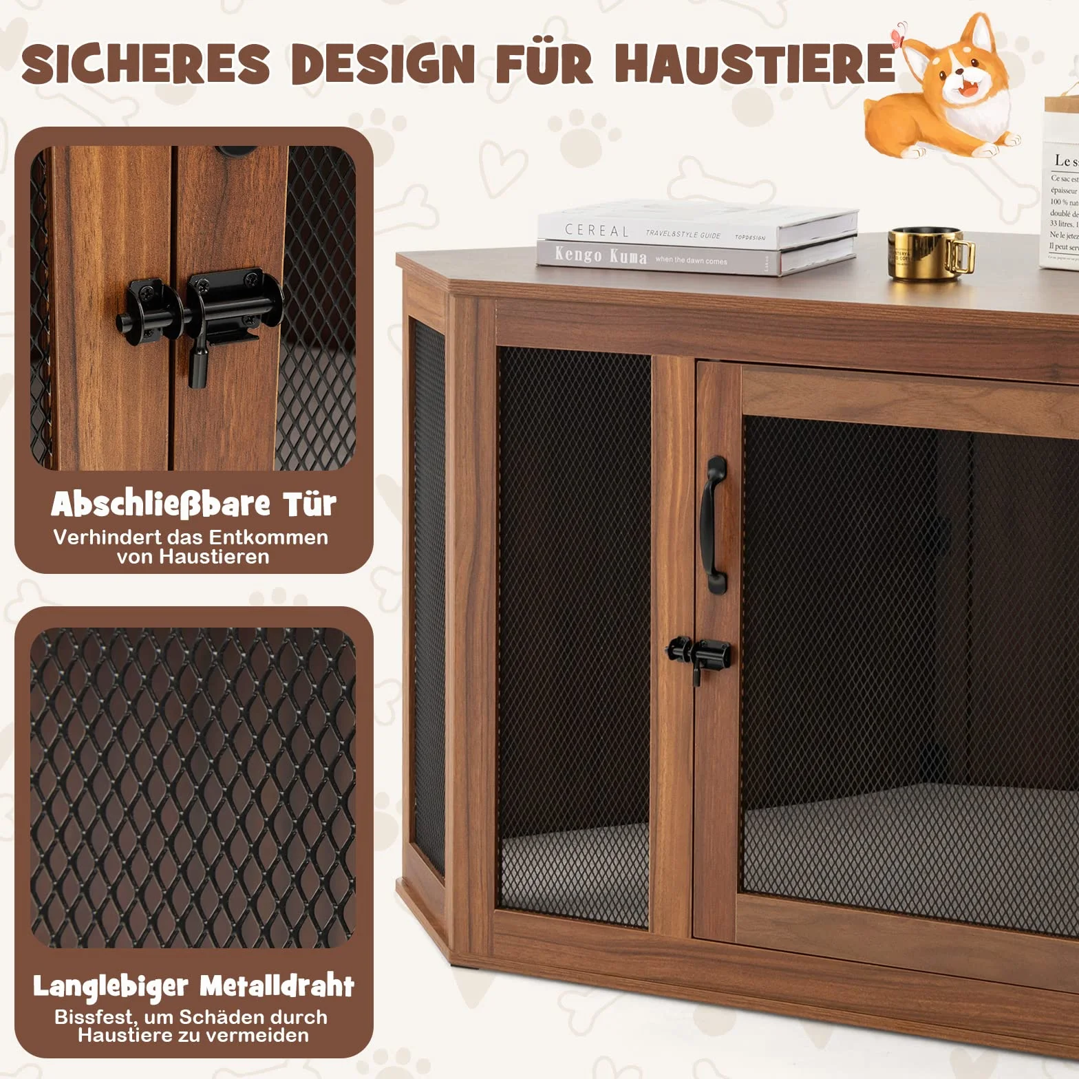 COSTWAY Hundehütte Eck, Hundebox mit Tür & Kissen, Haustierkiste Möbelstil für kleine Hunde Katze Haustier, Tierkäfig Hundekäfig Hundehaus Haustierhaus Zuhause Innen, Braun, 114 x 60 x 68 cm