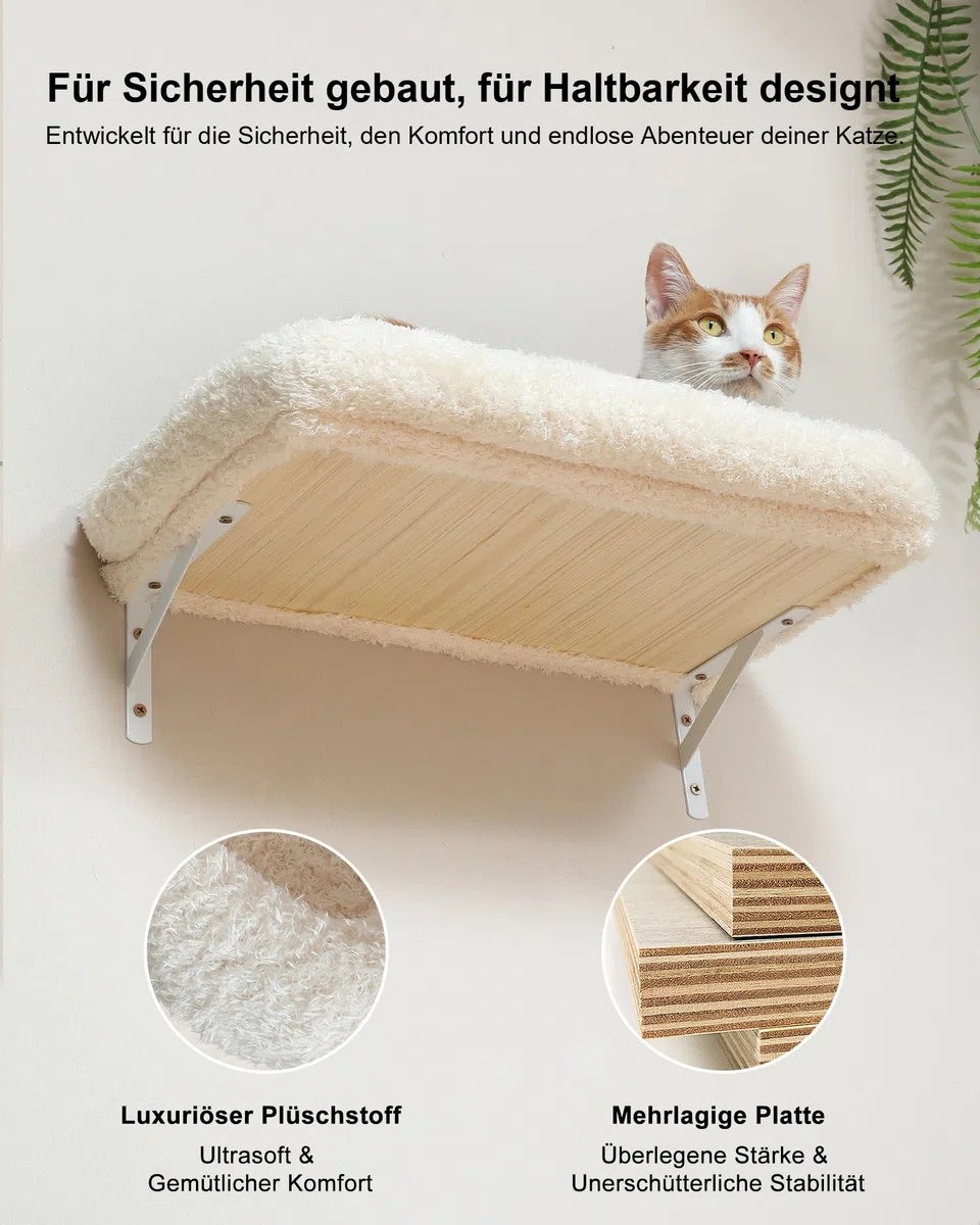FUKUMARU Kletterwand Katzen-Set, 178 cm hoch, stabiles 3-in-1 Kratzbaum-Set aus mehrschichtigem Massivholz, Holzkatzenmöbel mit Kratzbaum-Wand und 2 Wandregalen, platzsparende Kletterwand, Beige