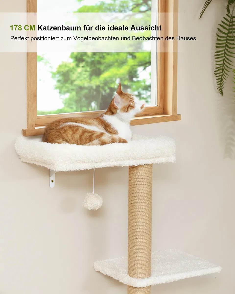 FUKUMARU Kletterwand Katzen-Set, 178 cm hoch, stabiles 3-in-1 Kratzbaum-Set aus mehrschichtigem Massivholz, Holzkatzenmöbel mit Kratzbaum-Wand und 2 Wandregalen, platzsparende Kletterwand, Beige
