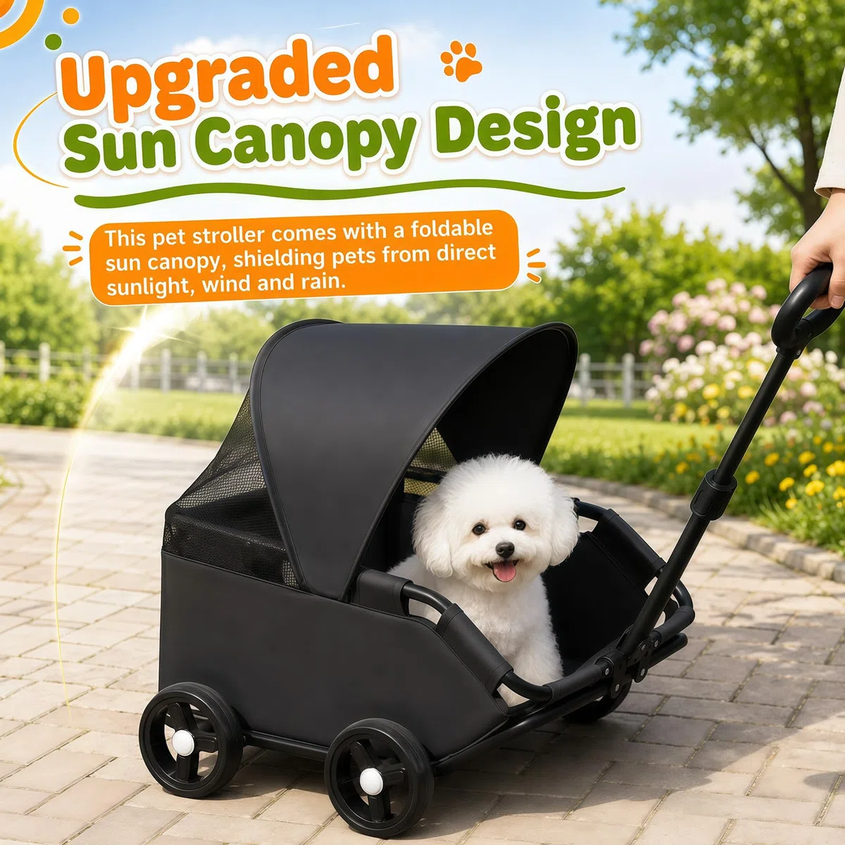 Mini Hundewagen, Hundebuggy für Kleine Hunde bis 7 kg, Faltbare Multifunktionaler Haustierwagen mit 360° Drehbarer Teleskopgriff, Sonnendach, Kinderwagen für Kleine Haustiere