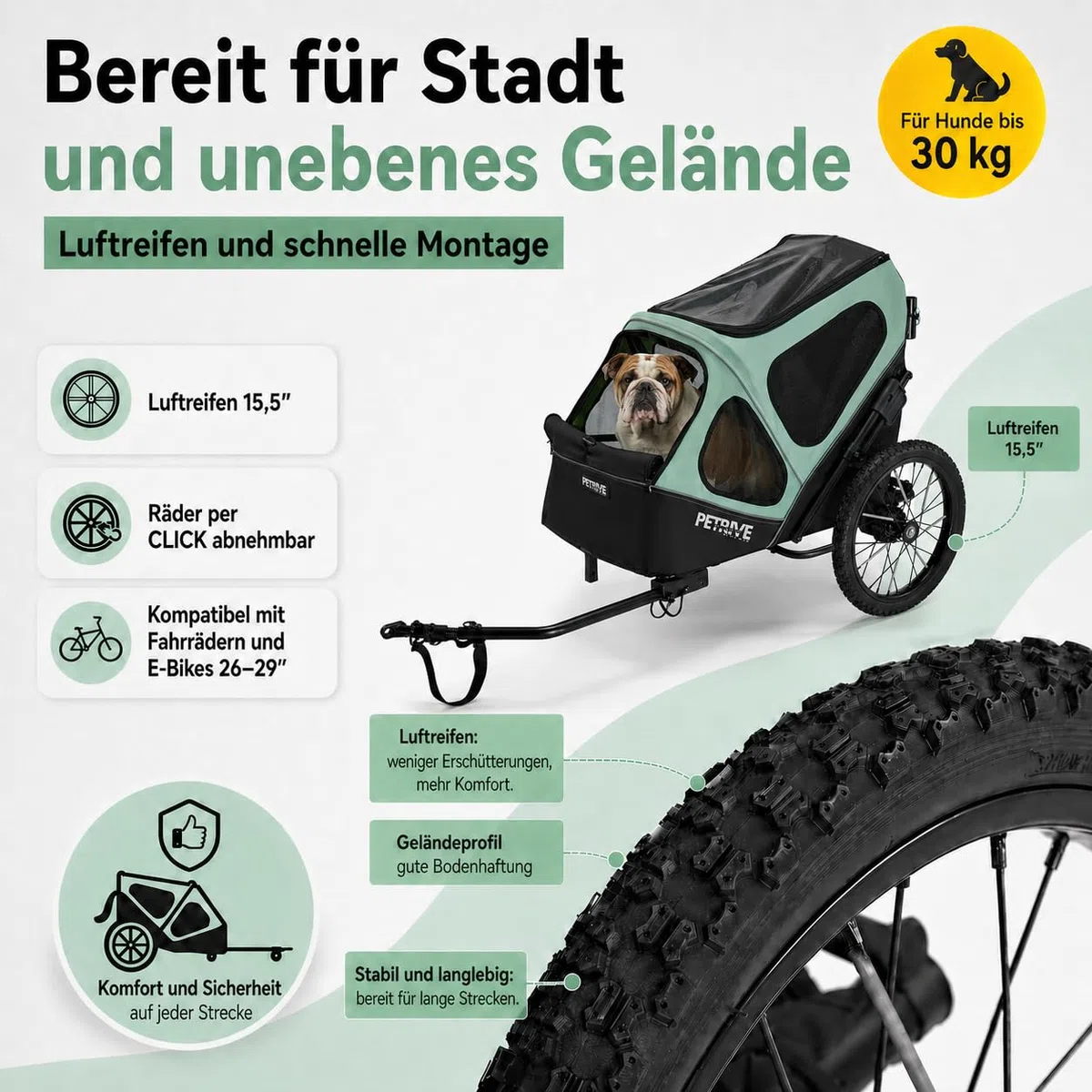 4-in-1 Fahrradanhänger für Hunde, Hundewagen, großer Transporter bis 30 kg, PETRIVE (Hellgrün)