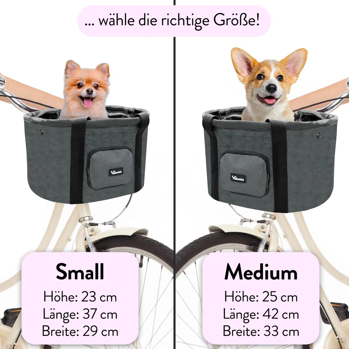 Valkental - Fahrradkorb für Hunde KLICKfix Kompatibel | Ideal als Einkaufskorb | Stabil und Sicher | Inkl. Bodenkissen & Praktischen Fächern