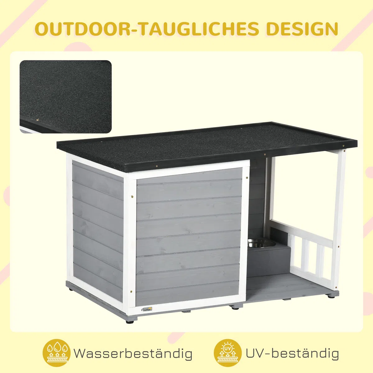 PawHut Hundehütte aus Holz, Hundehaus mit 2 Schüsseln, Terrasse, Outdoor Hundehaus Kleintierhaus für kleine Hunde mit Asphaltdach, für Draußen, Wetterbeständig, Grau, 103 x 62 x 60-66 cm