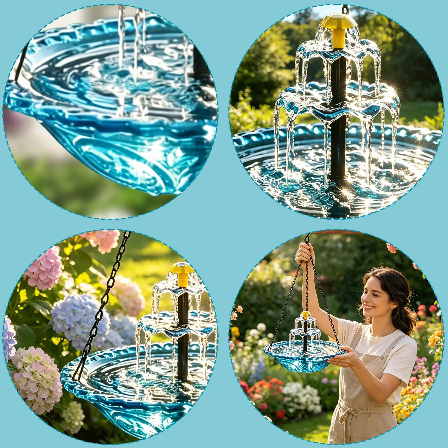 Vogeltränke Hängend mit Solarbrunnen, Vogelbad Garten zum Aufhängen,Solar Vogeltränke Balkon Wassertränke für Vögel mit Springbrunnen Wasserspiel Vogelbad für Garten Hof Terrasse Lockt Vögel