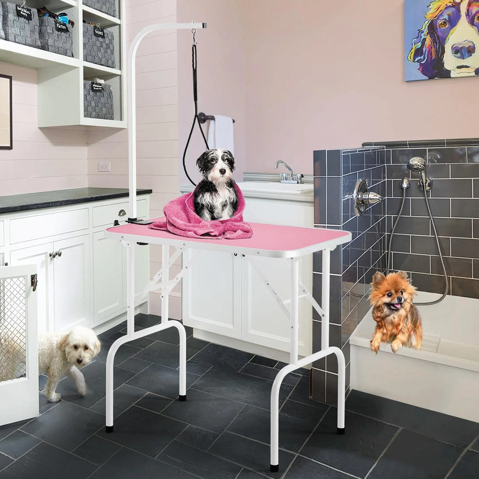 Yaheetech Hundepflegetisch, Trimmtisch für Hunde, Hundefriseur Tisch, Hunde Badetisch, Pudel Fellpflege, Hund Schertisch, höhenverstellbar, rutschfest, bis 100 KG belastbar Rosa Rosa