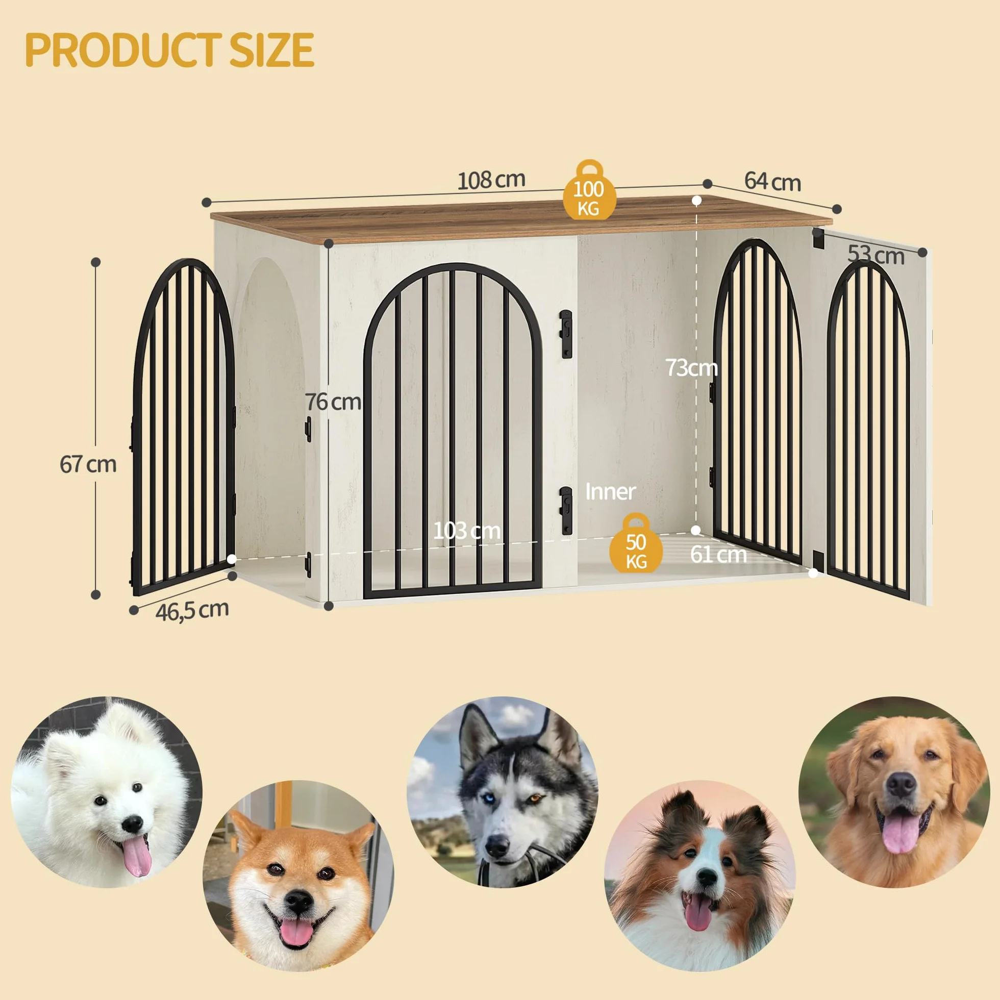 Hzuaneri Hundekäfig Möbel, 108 cm Hundebox für Zuhause, 3 Türen, Bogentür, Moderne Hundebox Indoor für Hunde, Beistelltisch, Hundekäfig Hochbelastbar, 108 x 64 x 76 cm, Weiß Braun DFC86014B