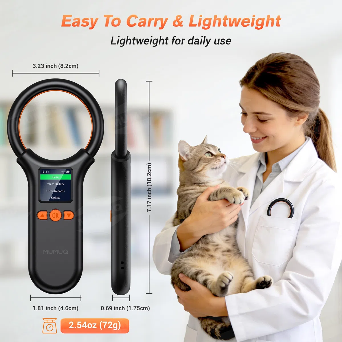 Chiplesegerät für Tiere Haustier ID Lesegerät RFID Mikrochip-Lesegerät mit 1.44 Inch LCD-Display 134,2 kHz 125 kHz, Liest Haustierchips in FDX-B (ISO11784/11785) und EMID-Mikrochips, 15 Ziffern