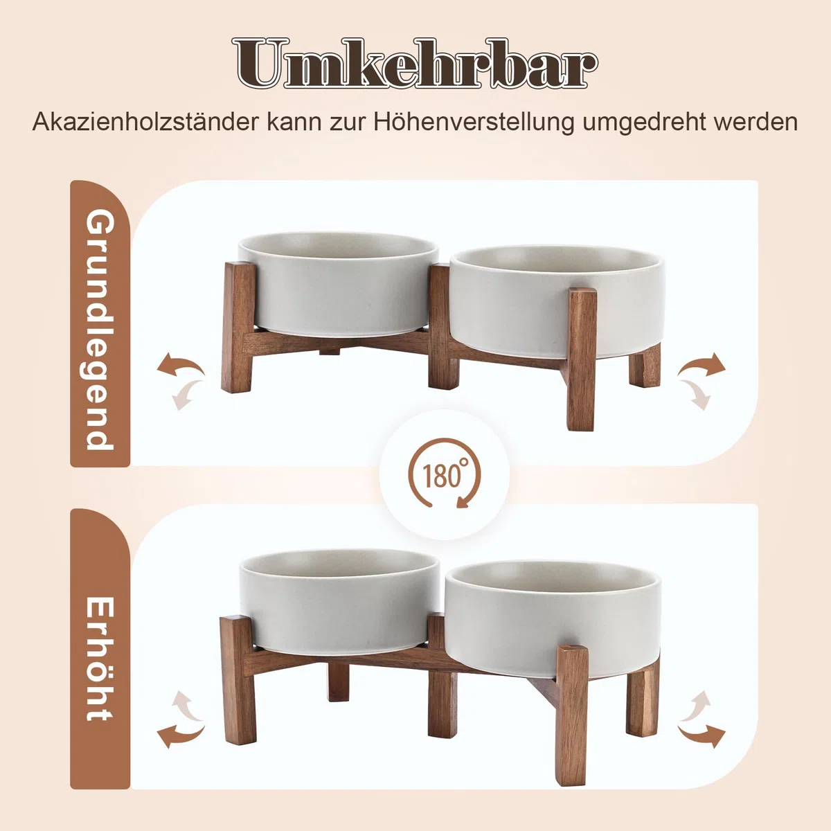 SPUNKYJUNKY Hundenapf Keramik Doppel Hund Futternapf Erhöhte Napf mit Akazienholz Ständer für Katzen und Hunde(400ml, Grau)