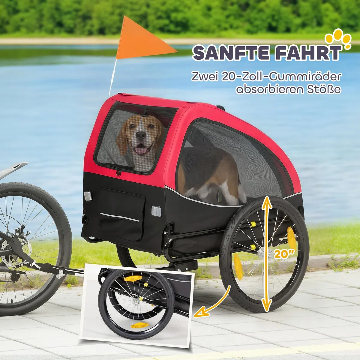 PawHut Hundeanhänger Faltbar Fahrradanhänger für Hunde Hundefahrradanhänger mit Reflektoren, Mesh-Fenster, Rädern, Tür, Sicherheitsflagge, für Hunde bis 20 kg