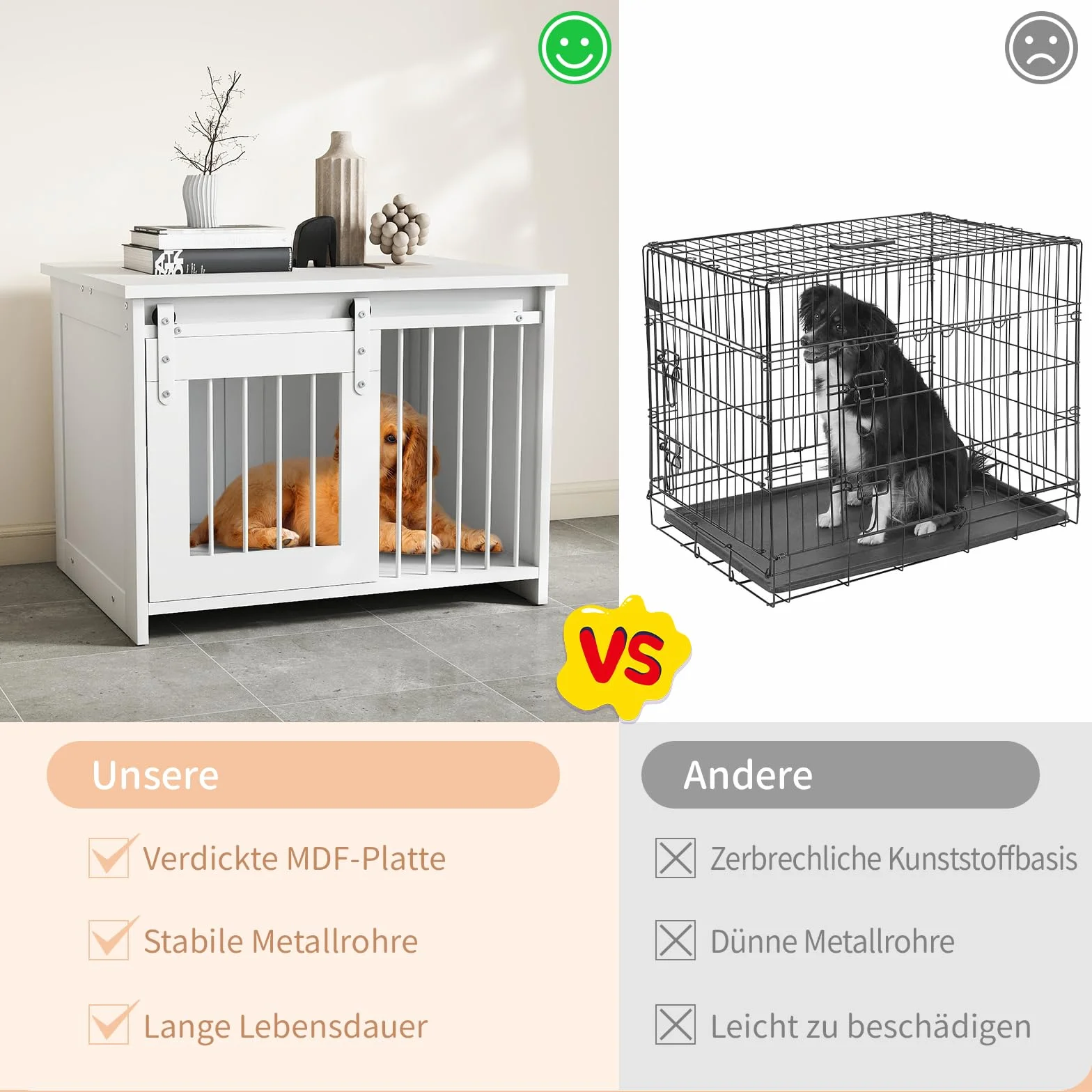 COSTWAY Hundekäfig Möbel, Hundebox für Zuhause, Hundehütte mit Schiebetür, Haustierkäfig aus Metall Holz, Beistelltisch modern, Indoor, für kleine & mittelgroße Hunde, 80 x 60 x 60 cm (Weiß)