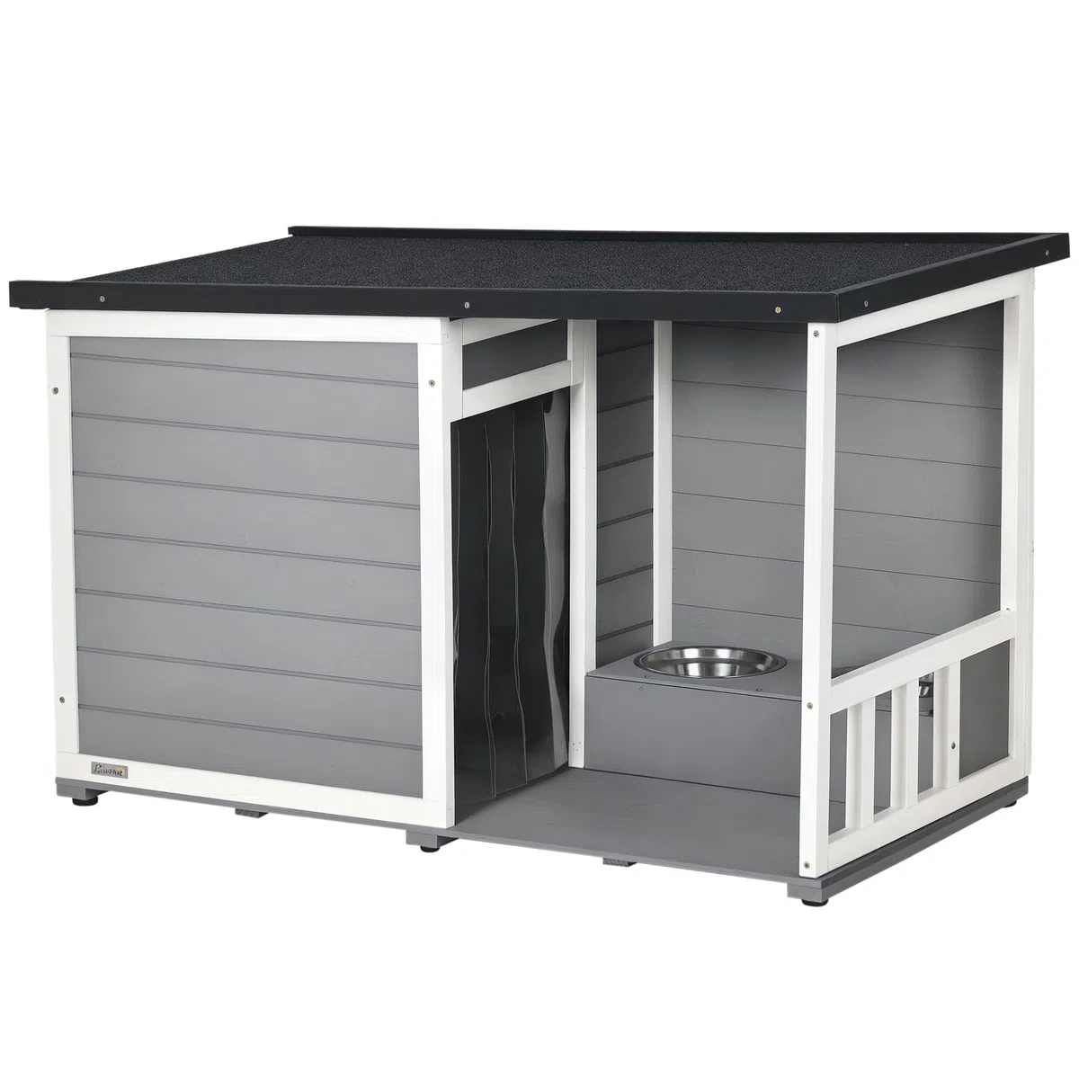 PawHut Hundehütte aus Holz, Hundehaus mit 2 Schüsseln, Terrasse, Outdoor Hundehaus Kleintierhaus für kleine Hunde mit Asphaltdach, für Draußen, Wetterbeständig, Grau, 103 x 62 x 60-66 cm