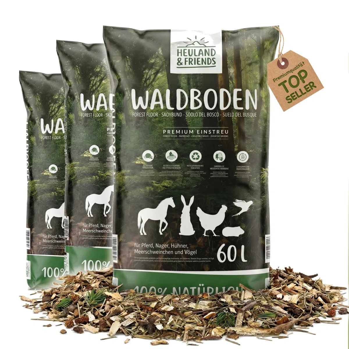 Waldboden-Einstreu 3X 60 L – natürliches Einstreu mit Tannen & Fichtennadeln – extrem saugstark & geruchsbindend – für Kaninchen, Meerschweinchen, Hühner & Nager
