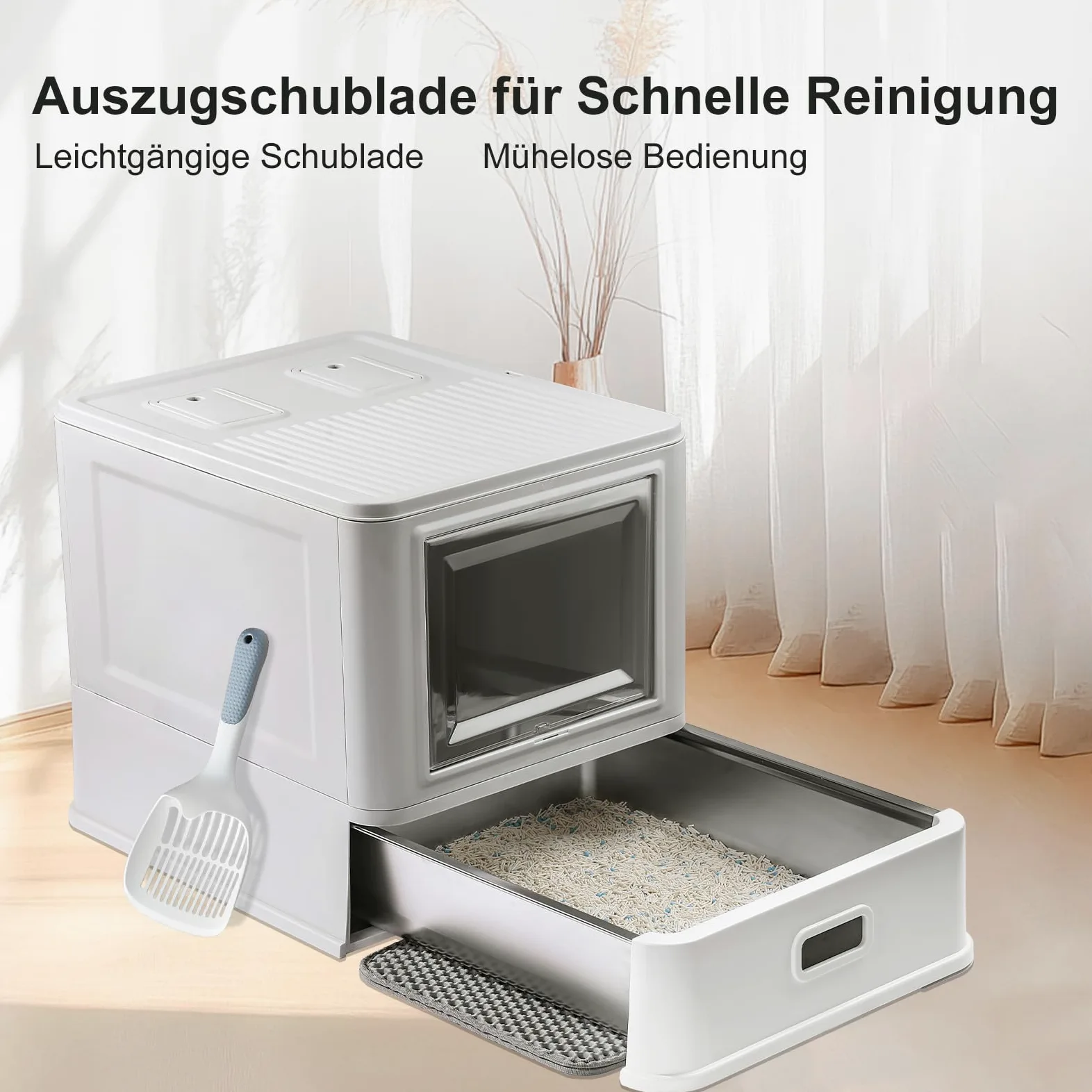 Marchul Katzentoilette, Geschlossene Katzentoilette aus Edelstahl mit Deckel und Schublade, für Wohnungskatzen, Lamellen Gegen Auslaufen, mit Schaufel und Matte, Geruchsfrei, Mit verbesserter Basis