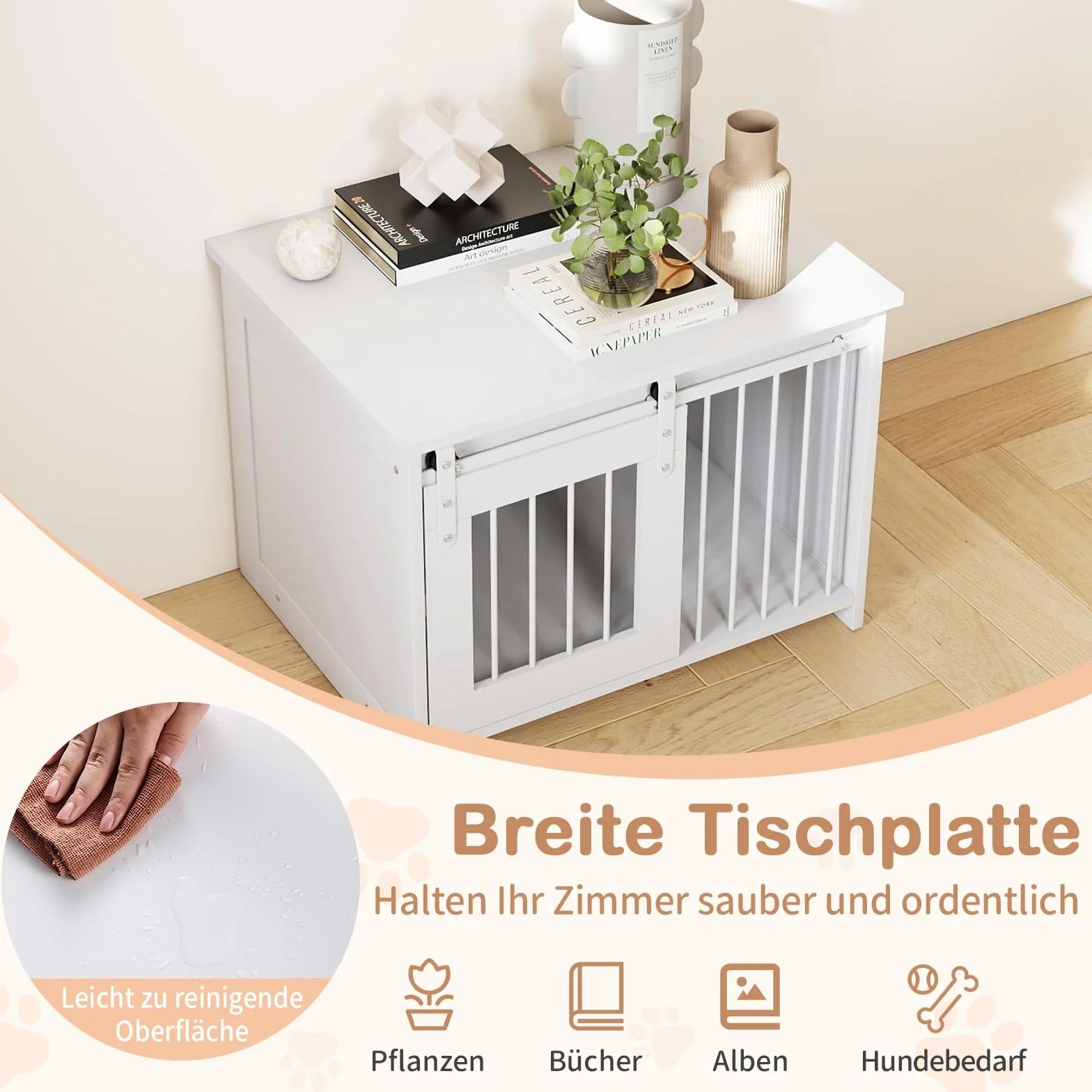 COSTWAY Hundekäfig Möbel, Hundebox für Zuhause, Hundehütte mit Schiebetür, Haustierkäfig aus Metall Holz, Beistelltisch modern, Indoor, für kleine & mittelgroße Hunde, 80 x 60 x 60 cm (Weiß)