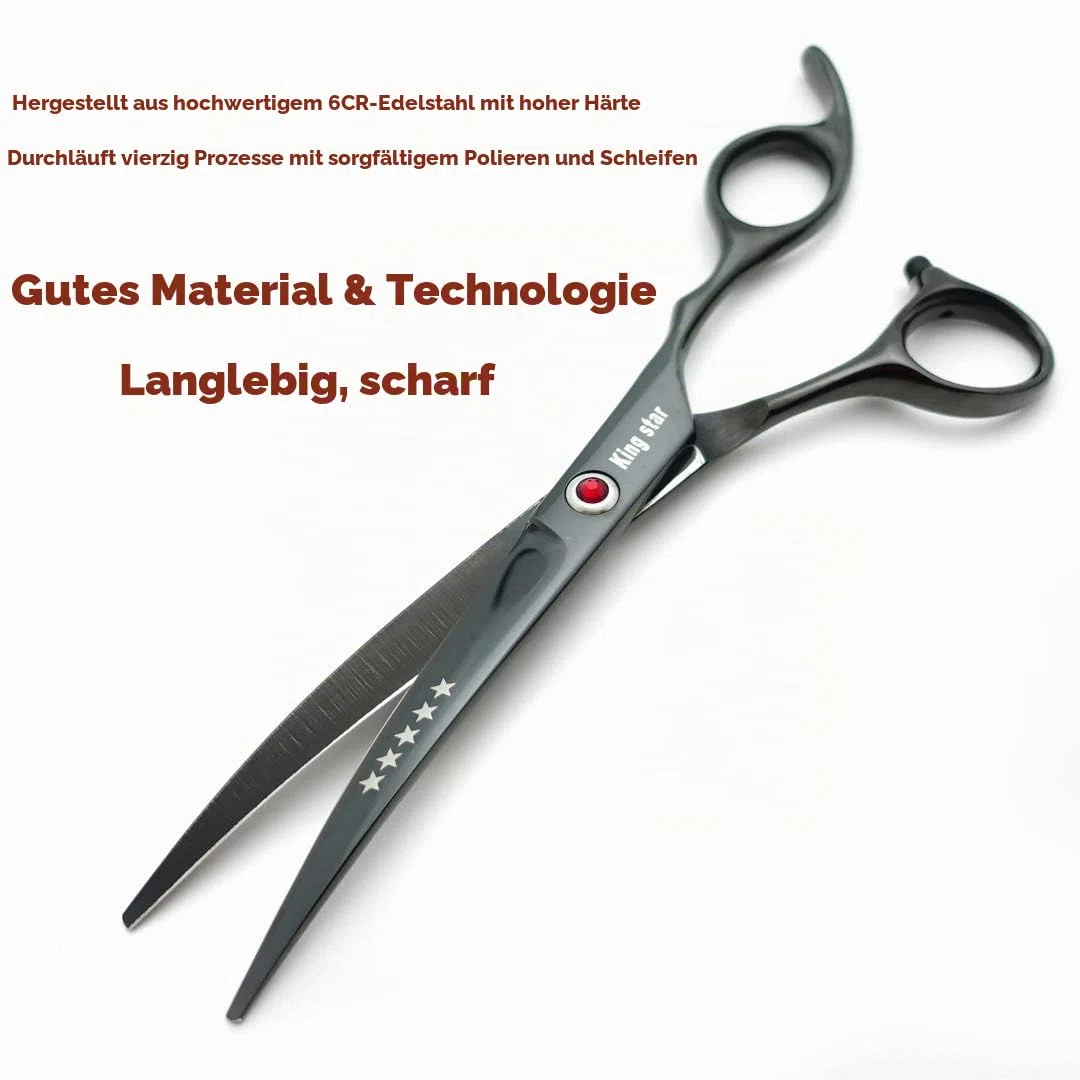 Professionelles Fellscheren-Set aus Titan, 17,8 cm, gerade, dünner werdend, gebogen, 4-teiliges Set für Hundepflege, Hellschwarz mit Kamm