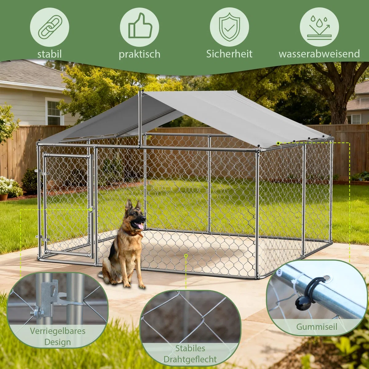 Outdoor Hundezwinger Mit Dach 230x230x117 cm Schwerlast Hundegehege Aus Verzinktem Stahlrohr Mit Verriegelbarer Sicherheitstür UV Beständiger Wasserdichter Abdeckplane Für Garten Terrasse Hof