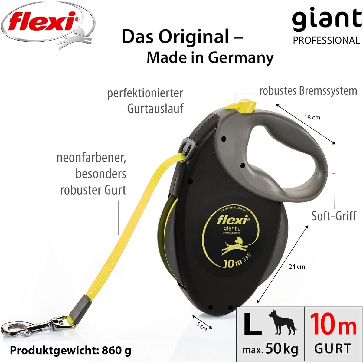 flexi® Giant Professional L | 10m Gurt Roll-Leine für Hunde bis 50 kg | schwarz/neon-gelb | ausziehbare Hundeleine | Gewicht 861.1 gr | Maße 18 x 24 cm