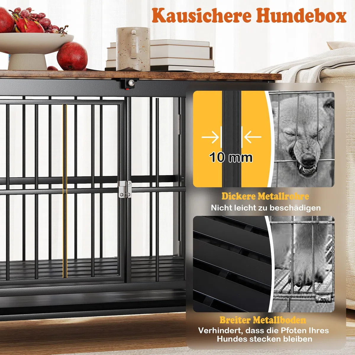 COSTWAY Hundekäfig Möbel, klappbar, Hundehütte mit Rollen, herausnehmbarem Tablett & abschließbarer Tür, 2 in 1 Beistelltisch Hundebox Indoor, Tierkäfig Metall Holz, Vintagebraun (80 x 61 x 64 cm)