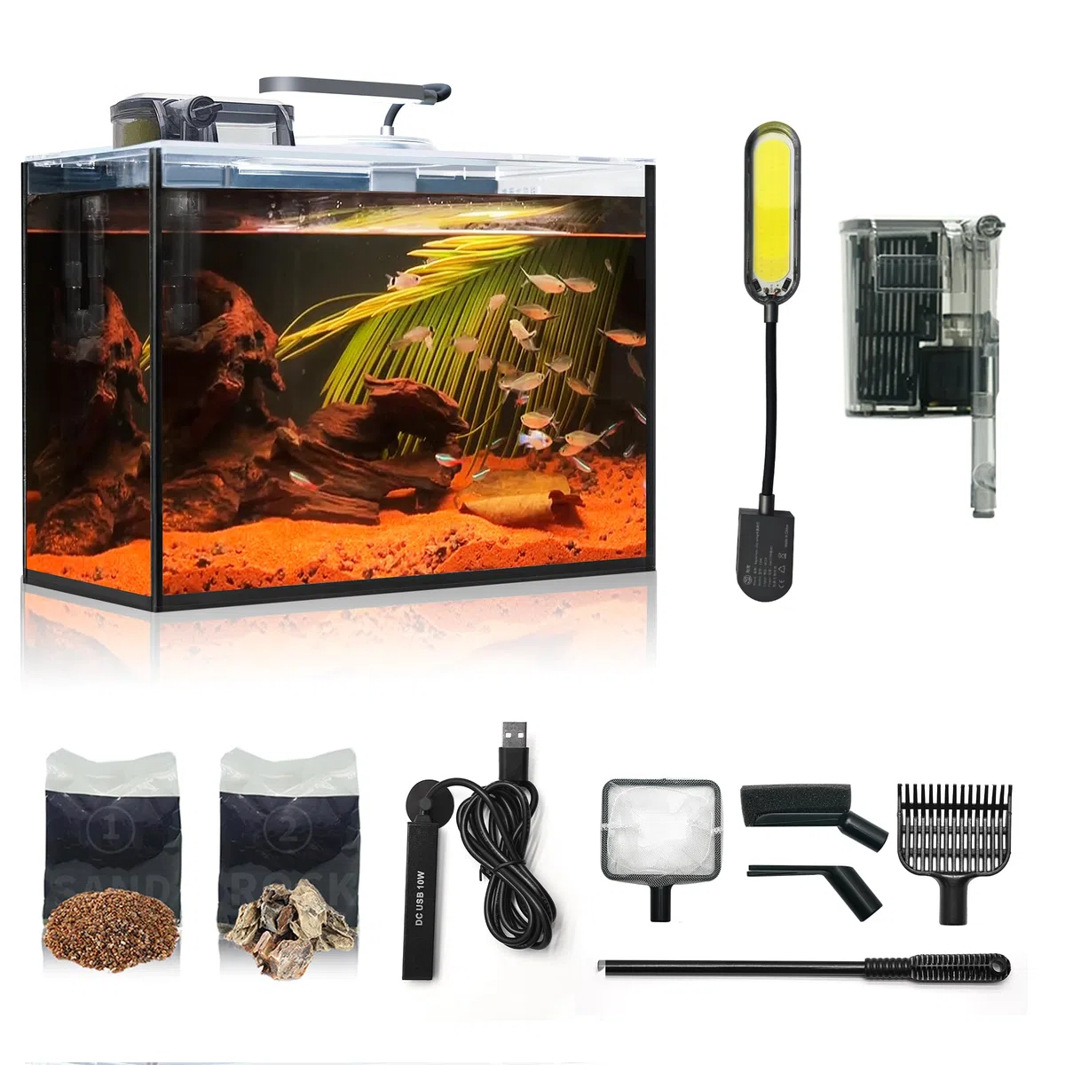 Aquarium Desktop-Set 10L Kleines Fischbecken 30x15x22, Ultra-Klares Glas mit Selbstreinigungsfilter, Helles Licht, Heizung, Steine,Kies, Reinigungswerkzeug, Randloses Fischglas für Anfänger Starterkit
